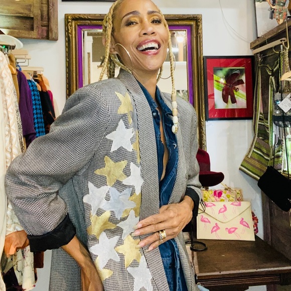 OOAK hand painted vintage houndstooth check blazer jacket pockets S M L stars - Picture 5 of 5